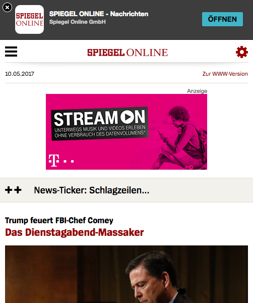 Die mobile Version von Spiegel Online mit Werbung und App-Download-Aufforderung.